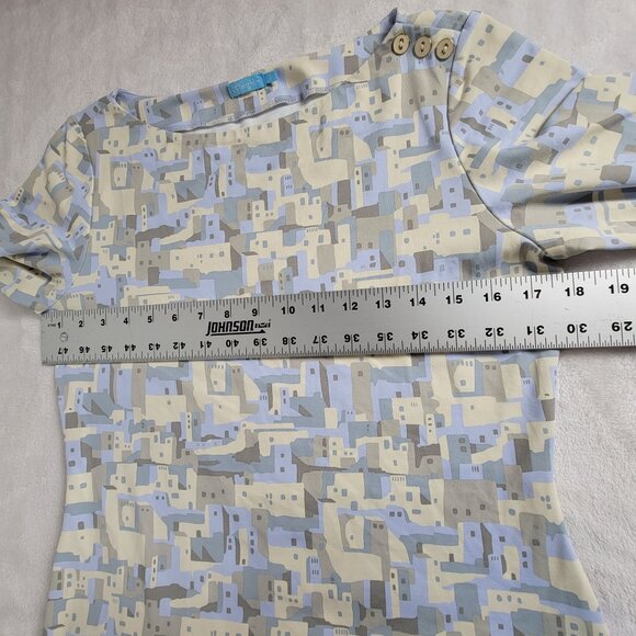 J.McLaughlin Beige & Blue Abstract Print 3/4 Sleeve Boat Neck Top Small Stretch - Picture 7 of 8